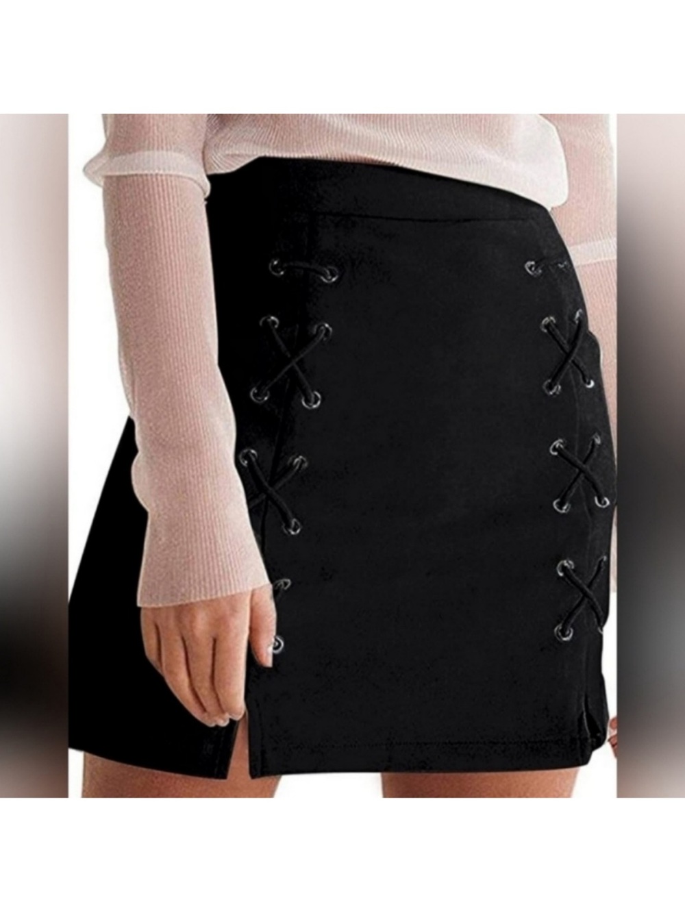 Mangopop Collection Black Lace-Up Side Suede Mini Skirt Large